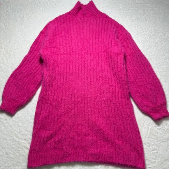 Anthropologie Dresses & Skirts - Anthropologie Flat White Bohemian Pink Fuzzy Knit Mock Neck Sweater Dress Sz XL